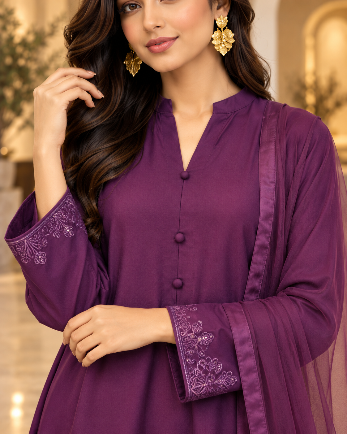 Miski Winter Essentials 3pc Plum Embroidered Linen Suit with Net Dupatta – MWE8
