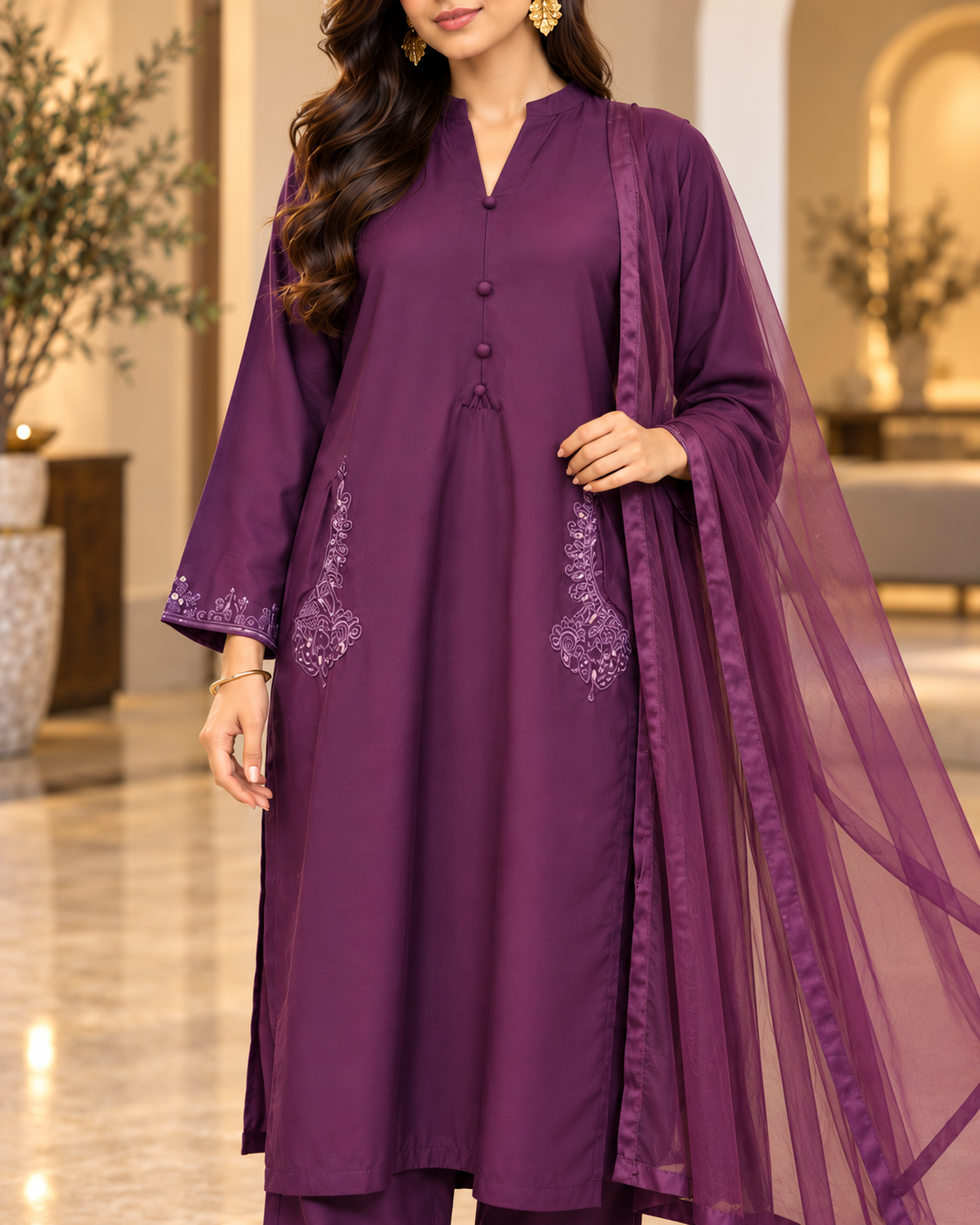 Miski Winter Essentials 3pc Plum Embroidered Linen Suit with Net Dupatta – MWE8