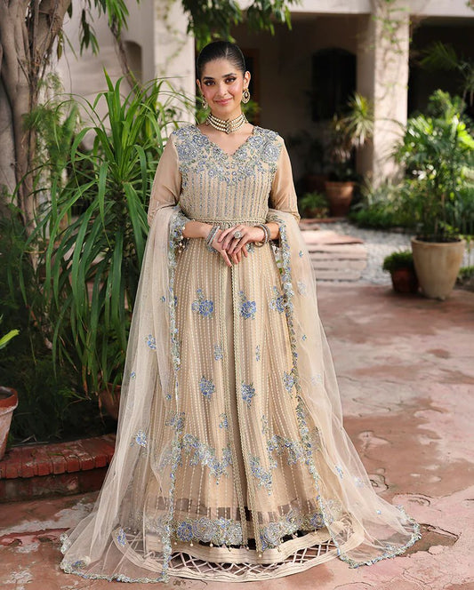 Sehrish 3pc Embroidered Chiffon Maxi with Net Dupatta & Lehenga – Ready to Wear