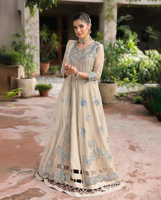 Sehrish 3pc Embroidered Chiffon Maxi with Net Dupatta & Lehenga – Ready to Wear