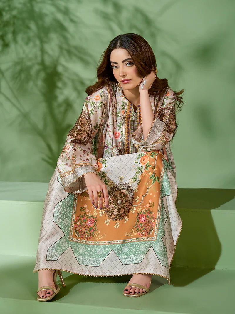 Sakeena SK10 Pastel Printed Silk Kaftan with Trousers – Ready to Wear 2pc Suit