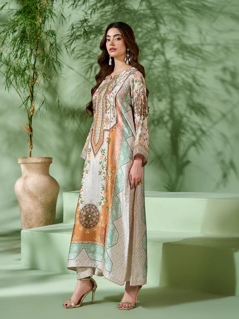 Sakeena SK10 Pastel Printed Silk Kaftan with Trousers – Ready to Wear 2pc Suit