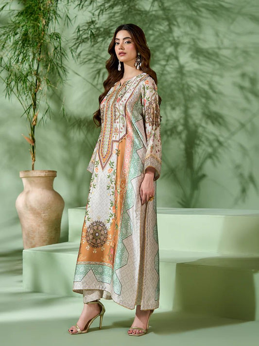 Sakeena SK10 Pastel Printed Silk Kaftan with Trousers – Ready to Wear 2pc Suit