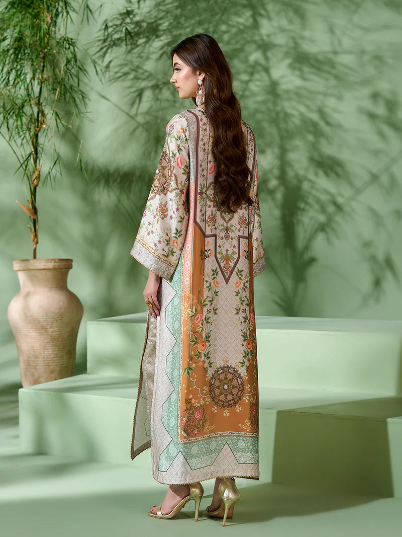 Sakeena SK10 Pastel Printed Silk Kaftan with Trousers – Ready to Wear 2pc Suit