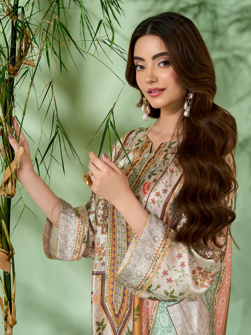 Sakeena SK10 Pastel Printed Silk Kaftan with Trousers – Ready to Wear 2pc Suit