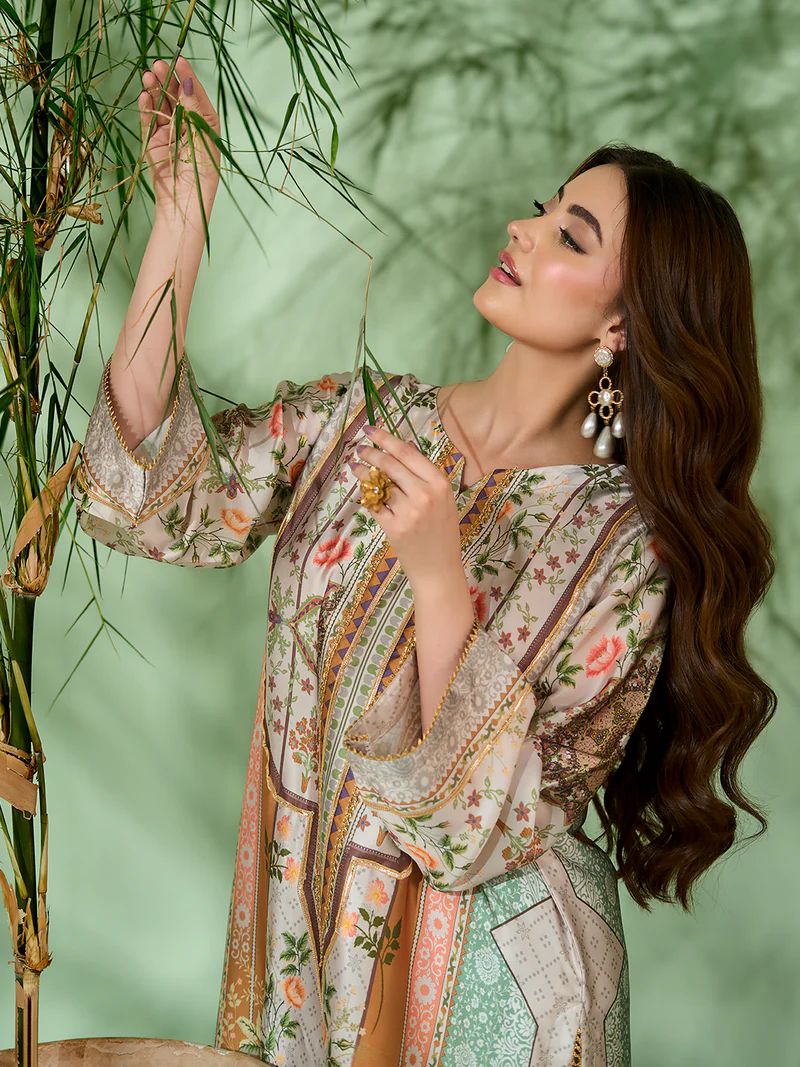 Sakeena SK10 Pastel Printed Silk Kaftan with Trousers – Ready to Wear 2pc Suit