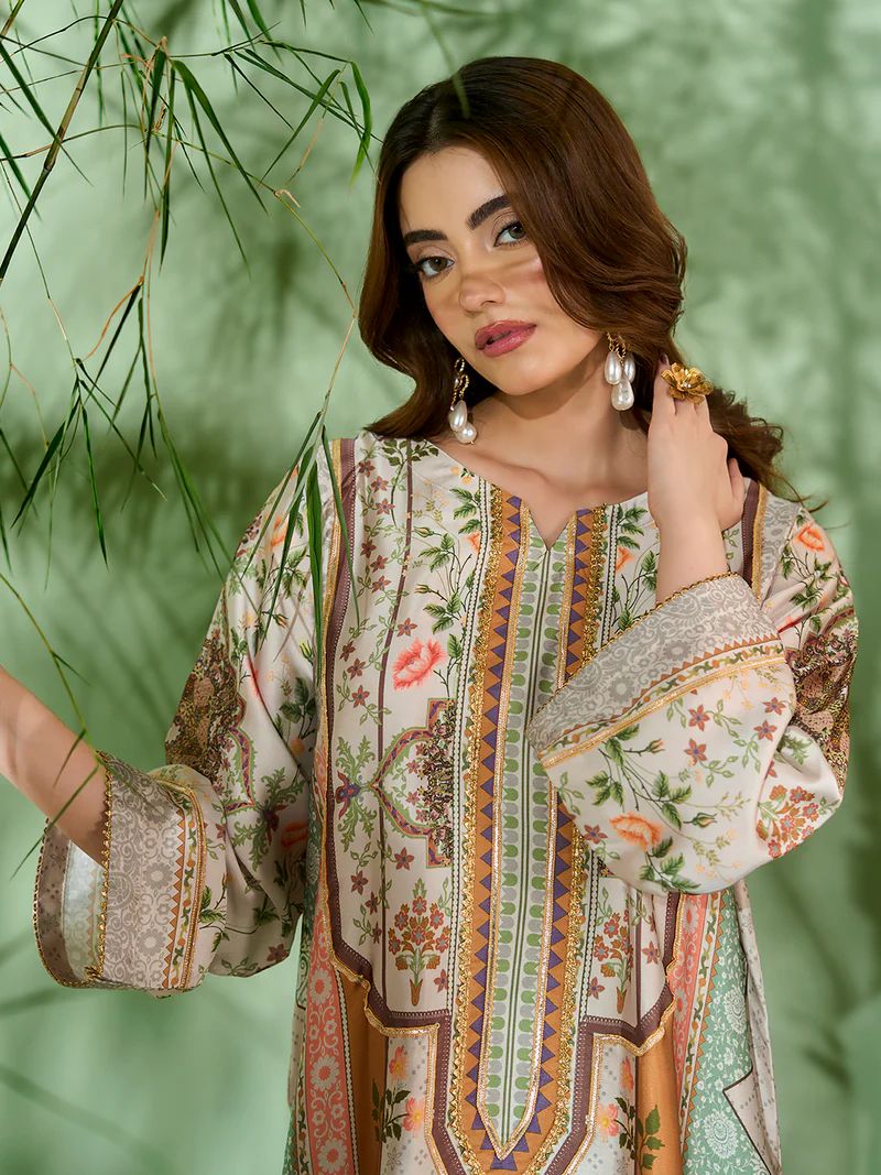 Sakeena SK10 Pastel Printed Silk Kaftan with Trousers – Ready to Wear 2pc Suit