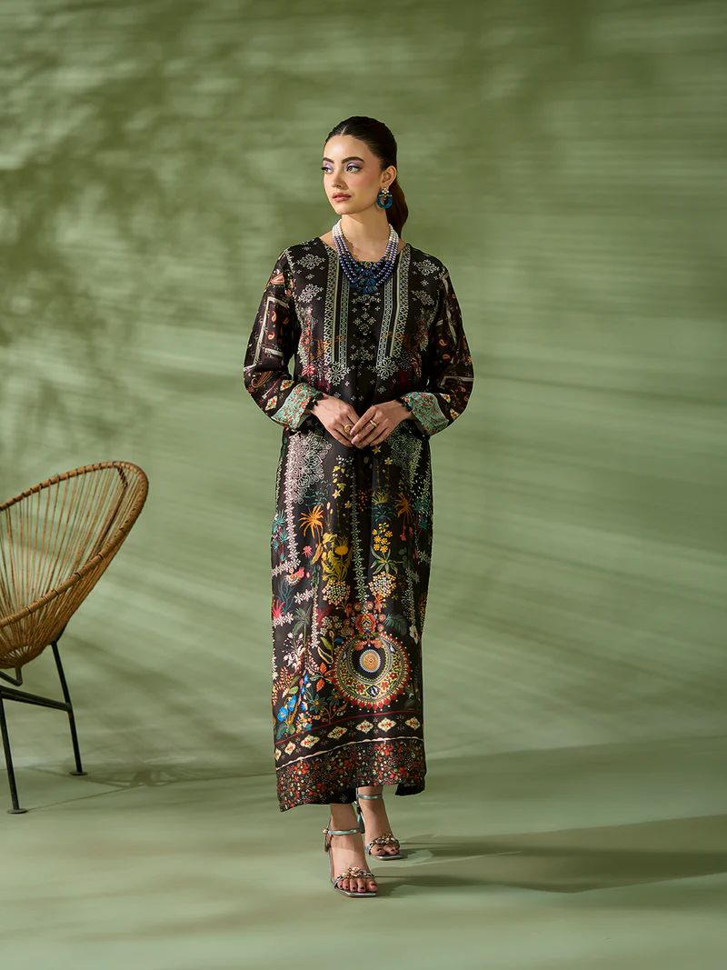 Sakeena SK3 Black Printed Silk Kaftan with Trousers – Ready to Wear 2pc Suit