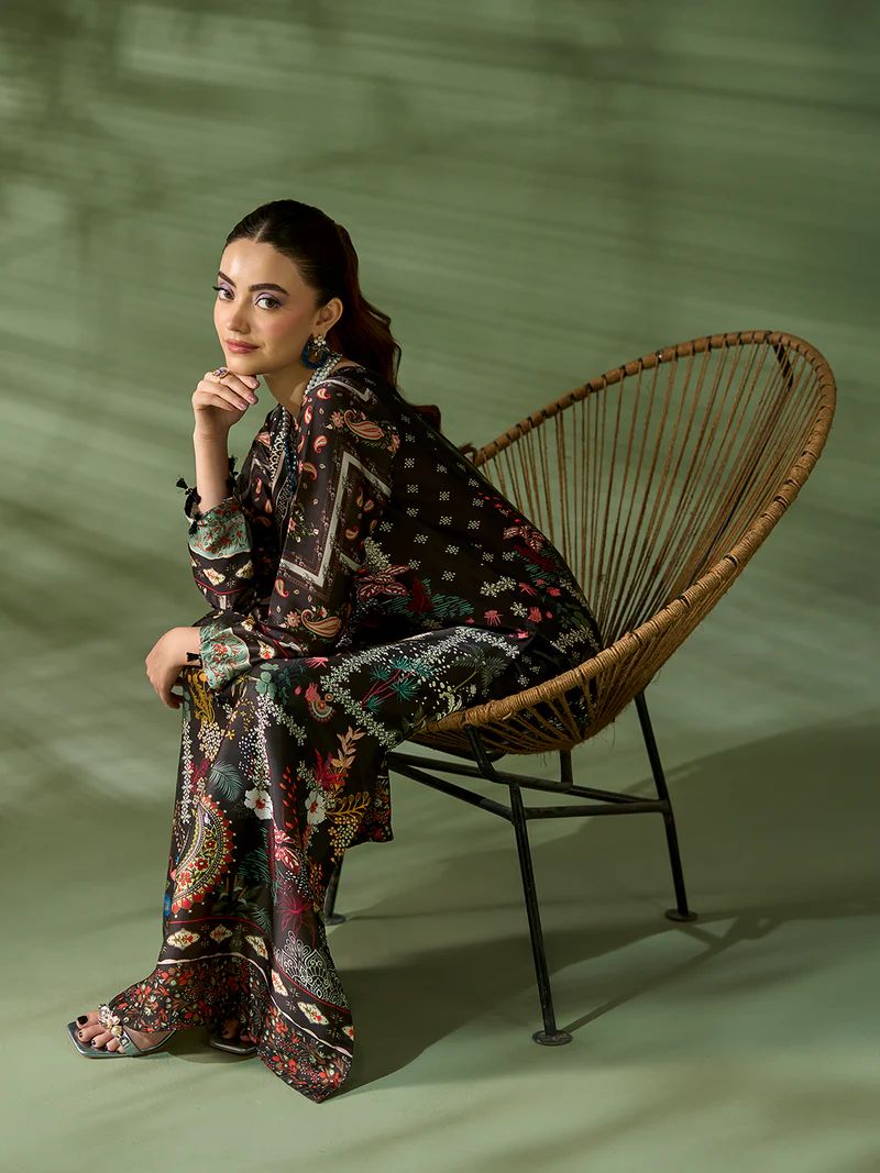 Sakeena SK3 Black Printed Silk Kaftan with Trousers – Ready to Wear 2pc Suit