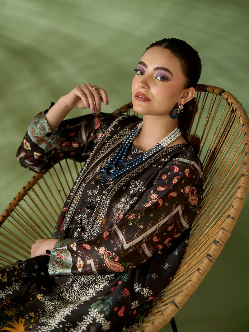 Sakeena SK3 Black Printed Silk Kaftan with Trousers – Ready to Wear 2pc Suit