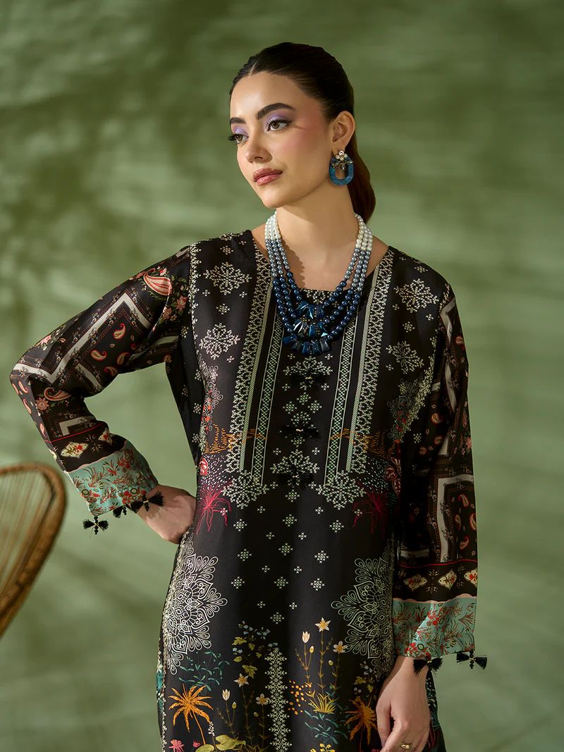 Sakeena SK3 Black Printed Silk Kaftan with Trousers – Ready to Wear 2pc Suit