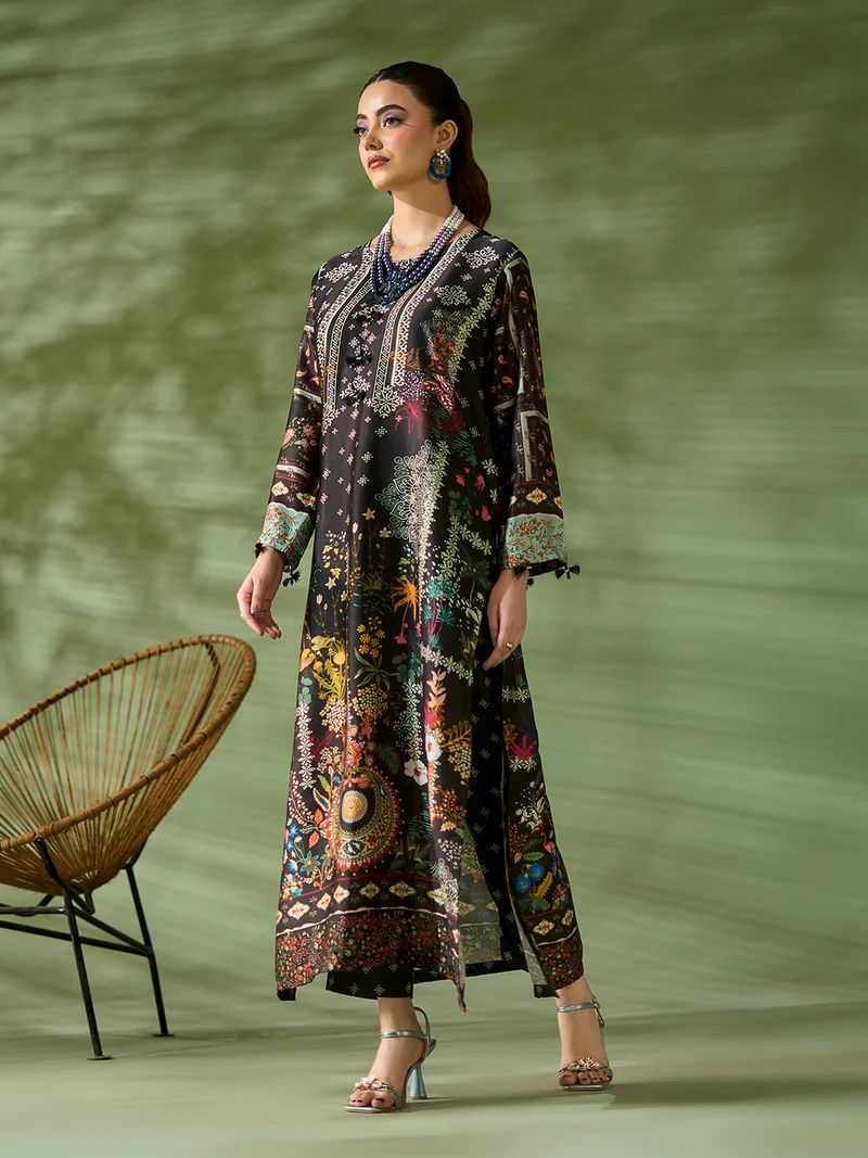 Sakeena SK3 Black Printed Silk Kaftan with Trousers – Ready to Wear 2pc Suit