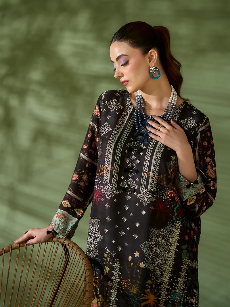Sakeena SK3 Black Printed Silk Kaftan with Trousers – Ready to Wear 2pc Suit