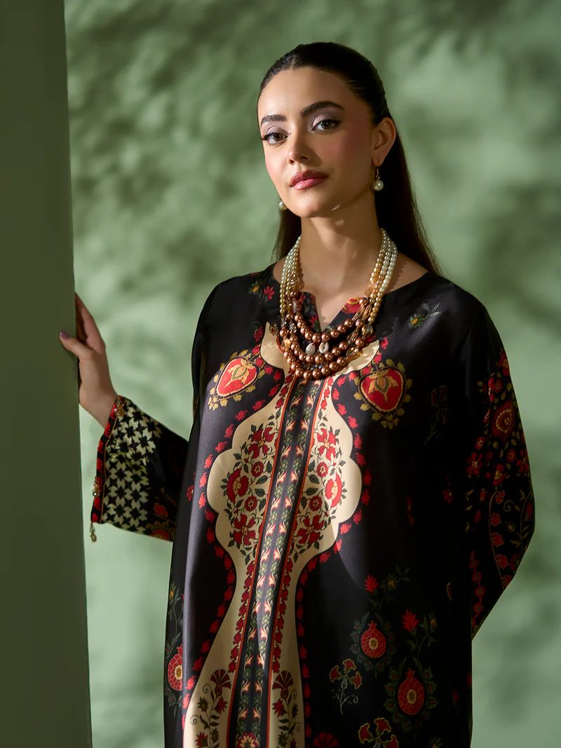 Sakeena SK4 Black Printed Silk Kaftan with Trousers – Ready to Wear 2pc Suit