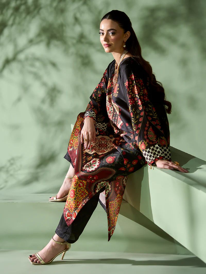 Sakeena SK4 Black Printed Silk Kaftan with Trousers – Ready to Wear 2pc Suit