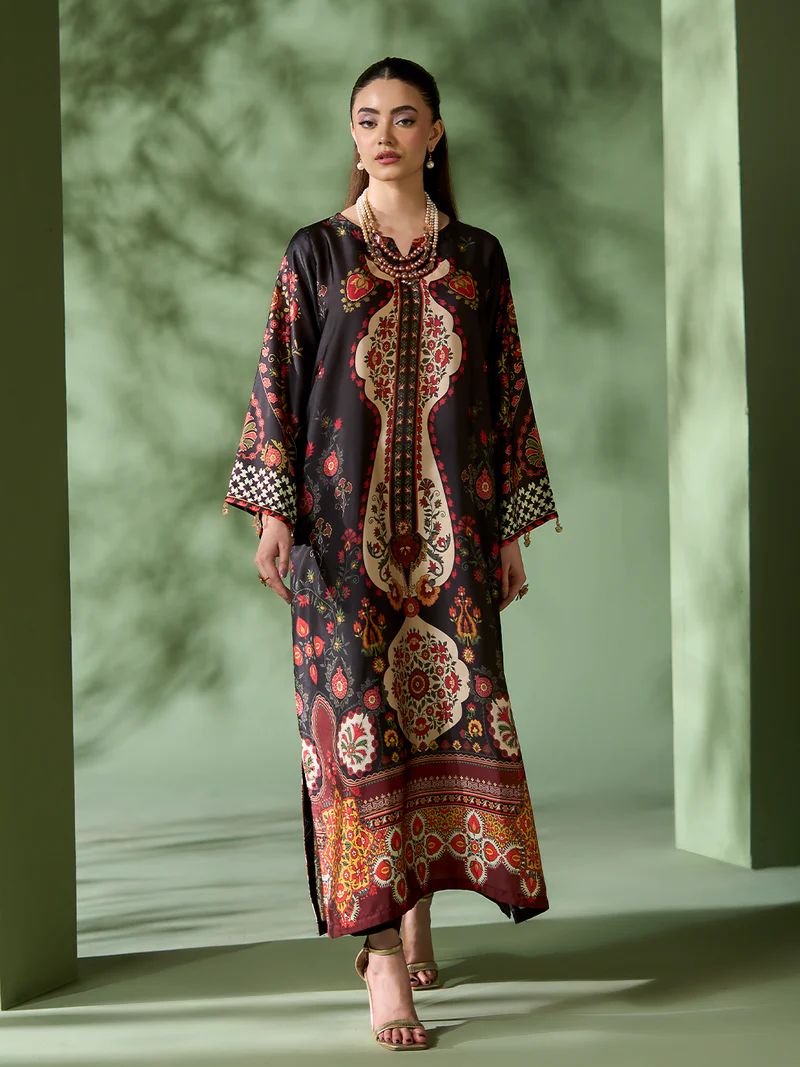 Sakeena SK4 Black Printed Silk Kaftan with Trousers – Ready to Wear 2pc Suit