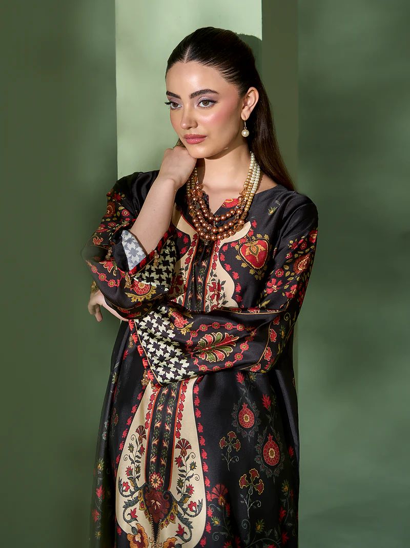 Sakeena SK4 Black Printed Silk Kaftan with Trousers – Ready to Wear 2pc Suit