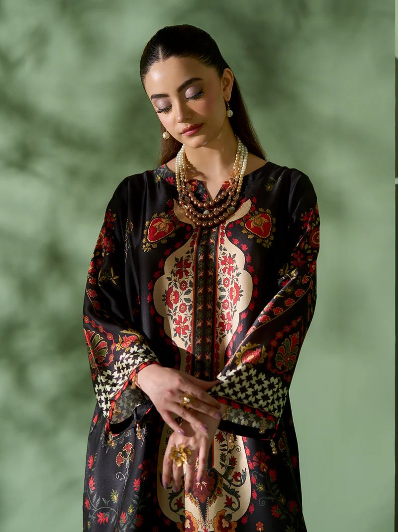Sakeena SK4 Black Printed Silk Kaftan with Trousers – Ready to Wear 2pc Suit