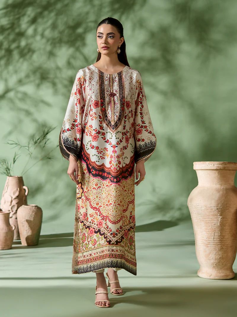 Sakeena SK5 Ivory Printed Silk Kaftan with Trousers – Ready to Wear 2pc Suit
