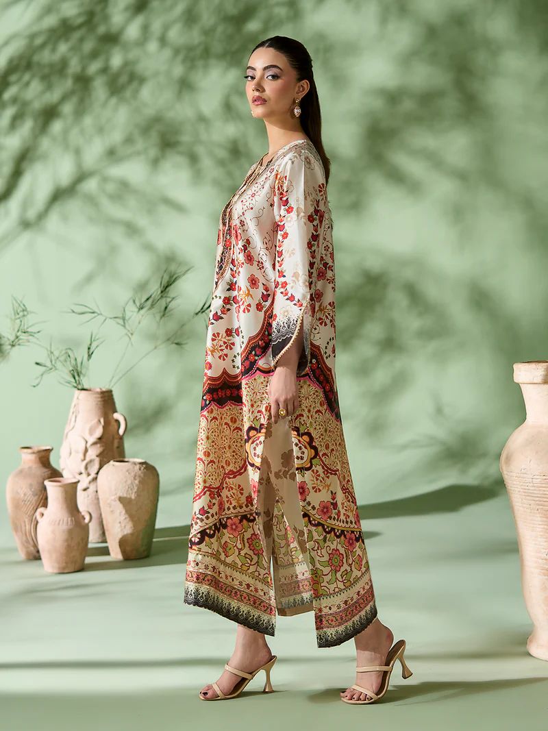 Sakeena SK5 Ivory Printed Silk Kaftan with Trousers – Ready to Wear 2pc Suit