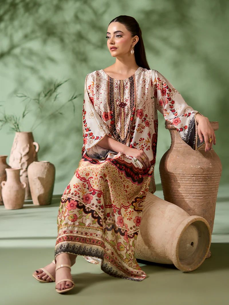 Sakeena SK5 Ivory Printed Silk Kaftan with Trousers – Ready to Wear 2pc Suit