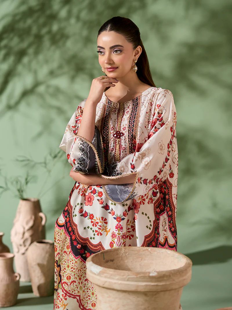 Sakeena SK5 Ivory Printed Silk Kaftan with Trousers – Ready to Wear 2pc Suit