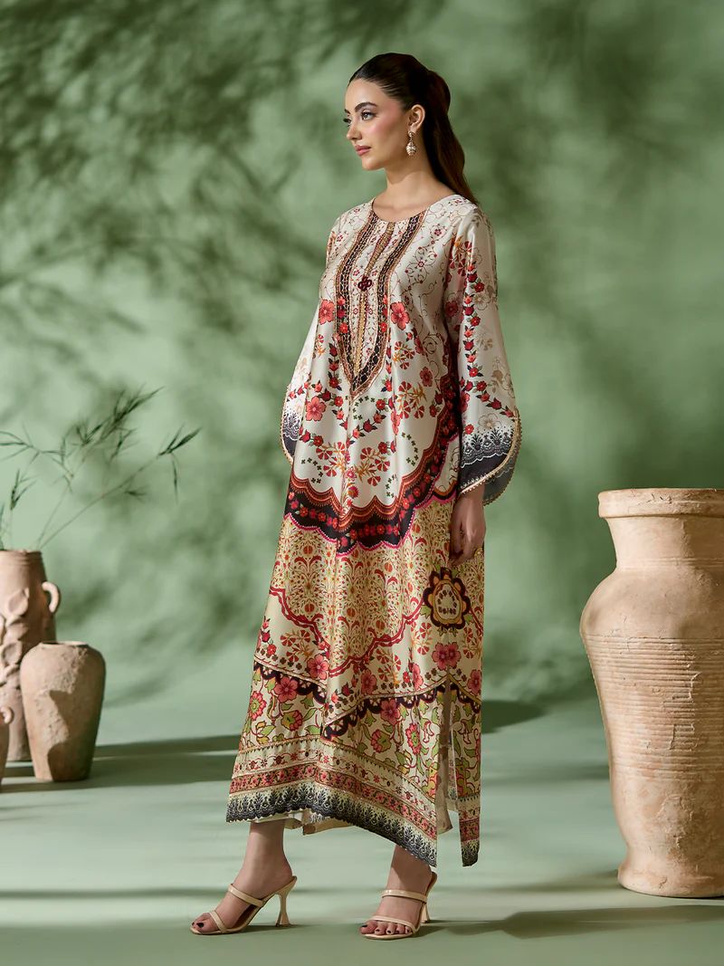 Sakeena SK5 Ivory Printed Silk Kaftan with Trousers – Ready to Wear 2pc Suit