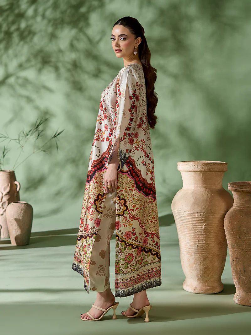 Sakeena SK5 Ivory Printed Silk Kaftan with Trousers – Ready to Wear 2pc Suit