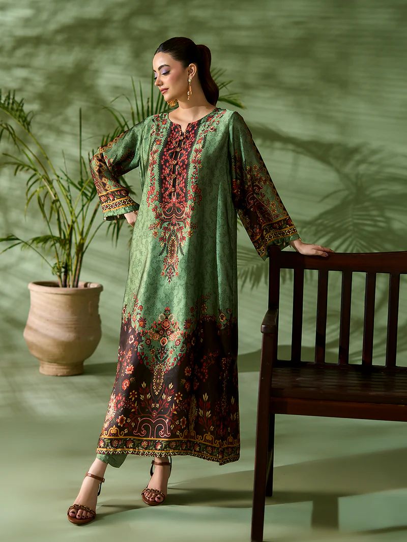 Sakeena SK6 Green Printed Silk Kaftan with Trousers – Ready to Wear 2pc Suit