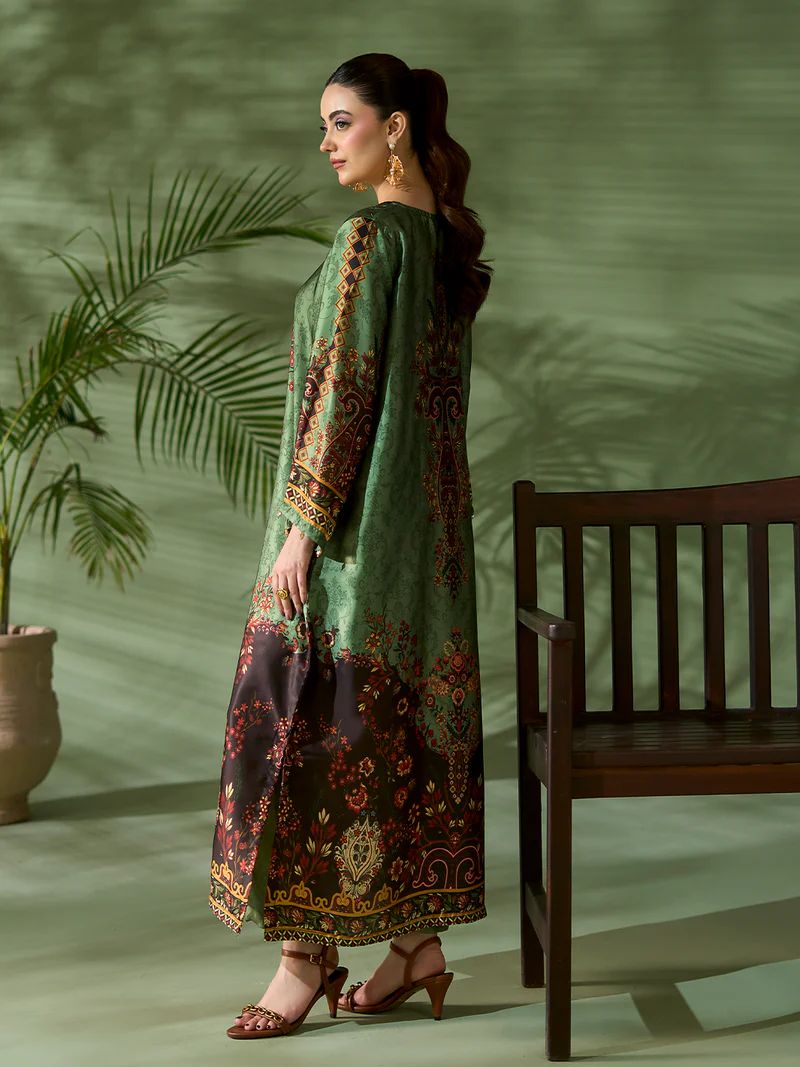 Sakeena SK6 Green Printed Silk Kaftan with Trousers – Ready to Wear 2pc Suit