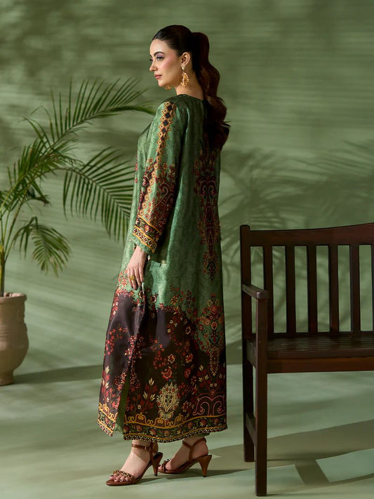Sakeena SK6 Green Printed Silk Kaftan with Trousers – Ready to Wear 2pc Suit