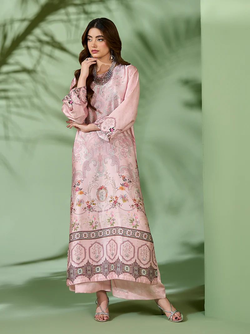 Sakeena SK8 Pink Printed Silk Kaftan with Trousers – Ready to Wear 2pc Suit