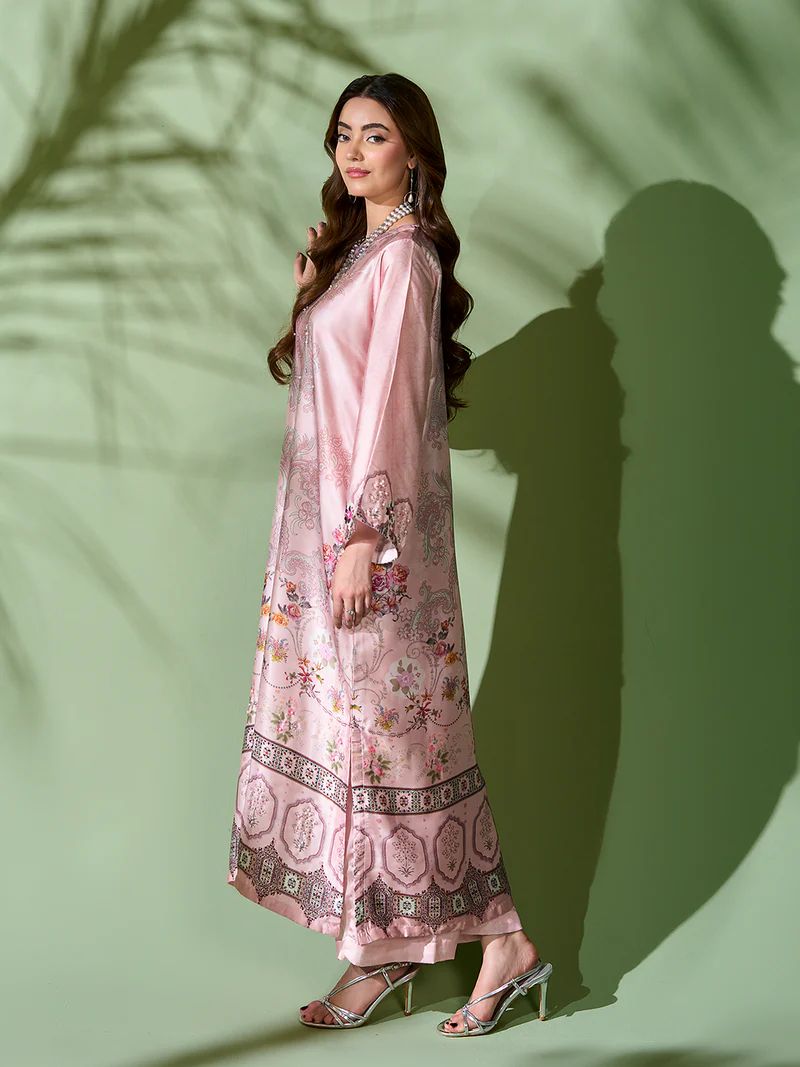 Sakeena SK8 Pink Printed Silk Kaftan with Trousers – Ready to Wear 2pc Suit