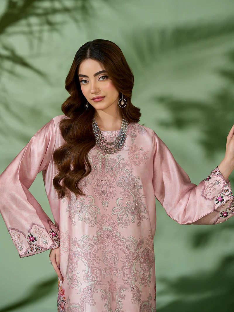 Sakeena SK8 Pink Printed Silk Kaftan with Trousers – Ready to Wear 2pc Suit