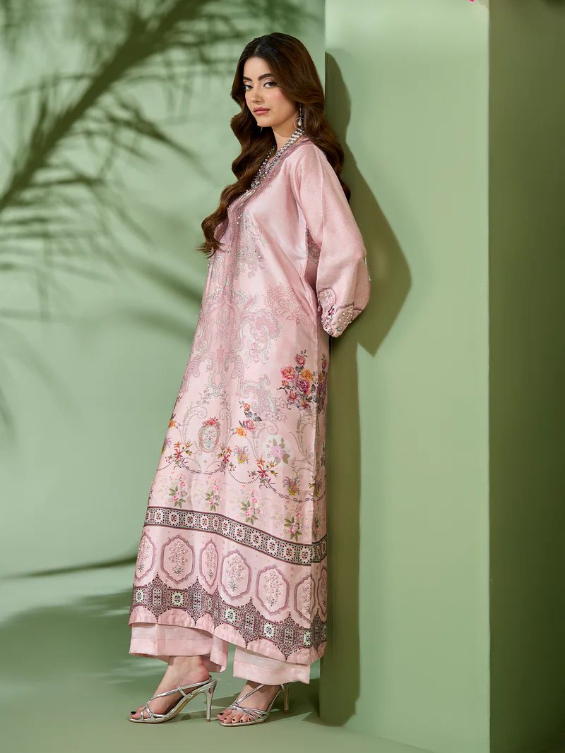 Sakeena SK8 Pink Printed Silk Kaftan with Trousers – Ready to Wear 2pc Suit