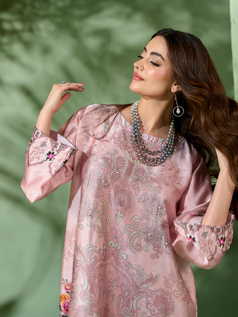 Sakeena SK8 Pink Printed Silk Kaftan with Trousers – Ready to Wear 2pc Suit
