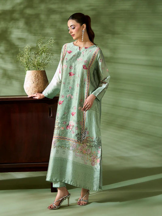 Sakeena SK9 Mint Printed Silk Kaftan with Trousers – Ready to Wear 2pc Suit