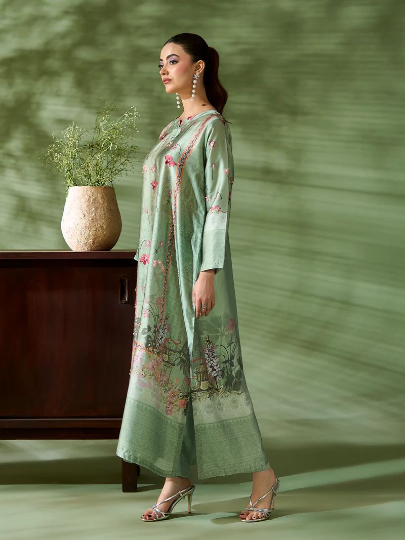 Sakeena SK9 Mint Printed Silk Kaftan with Trousers – Ready to Wear 2pc Suit