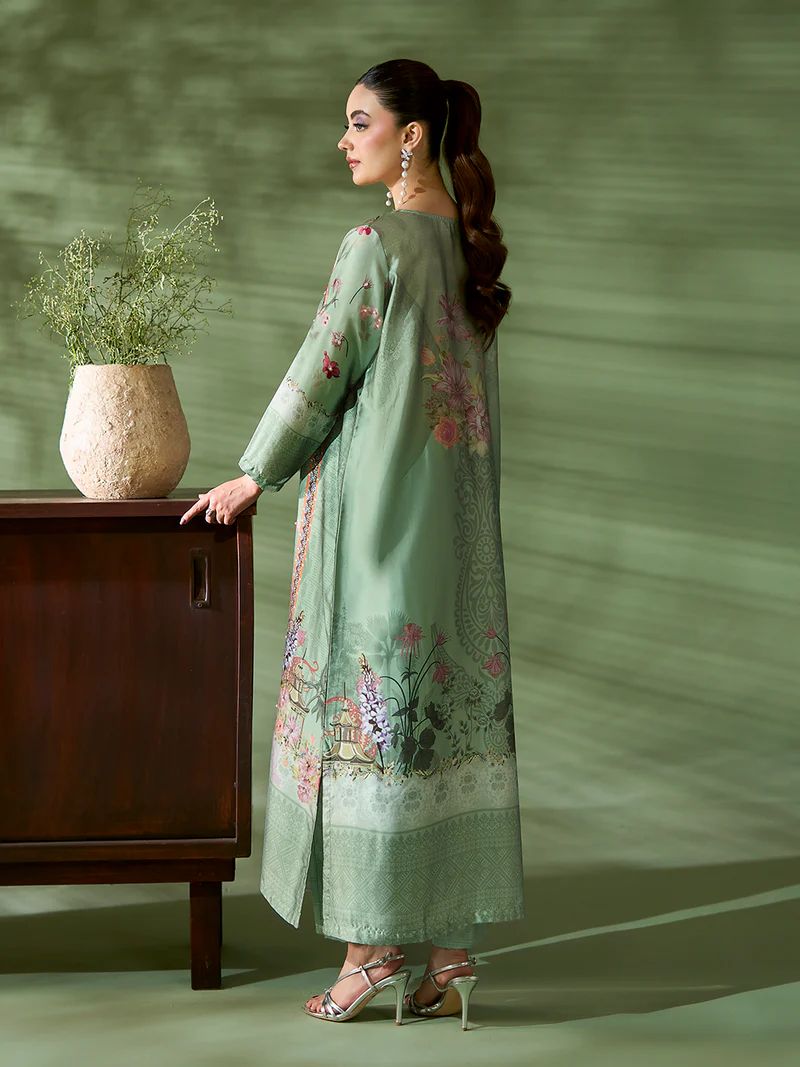 Sakeena SK9 Mint Printed Silk Kaftan with Trousers – Ready to Wear 2pc Suit