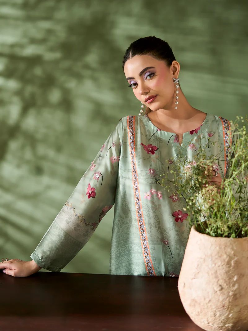 Sakeena SK9 Mint Printed Silk Kaftan with Trousers – Ready to Wear 2pc Suit