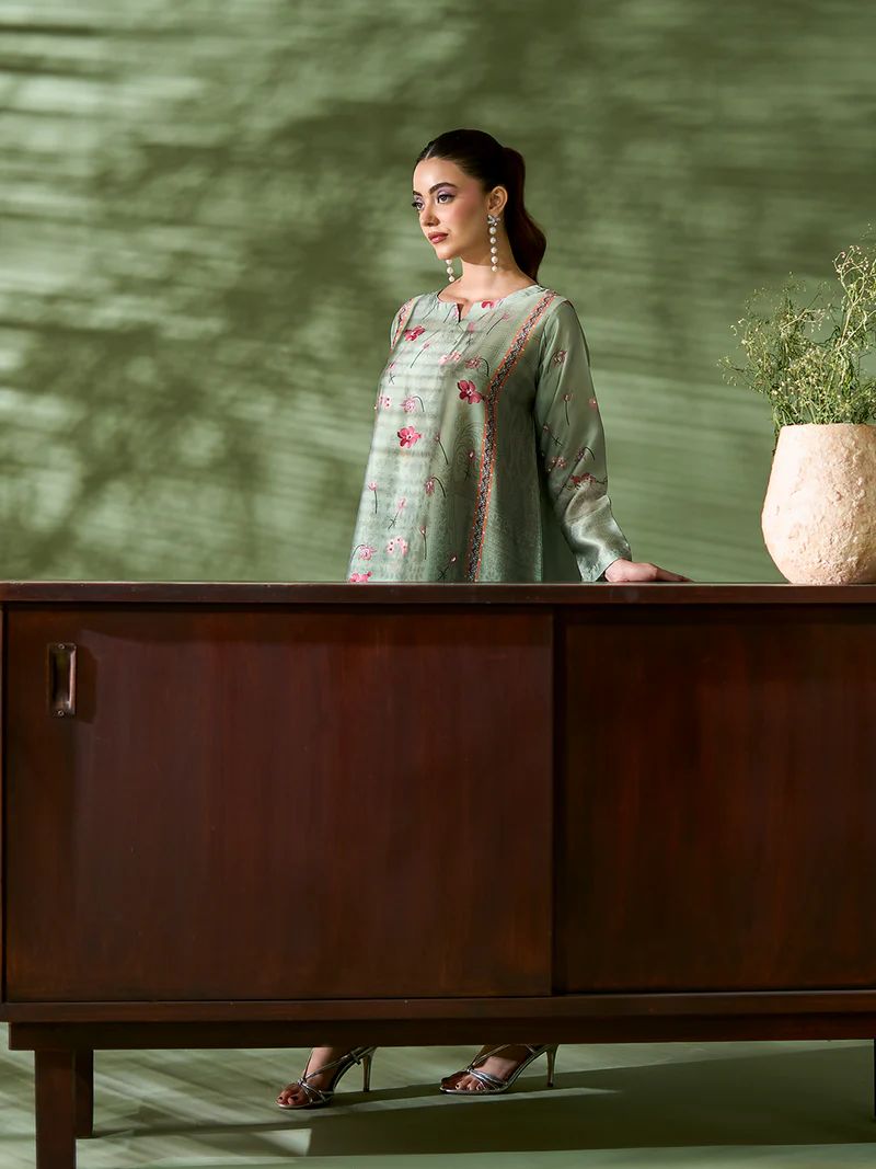 Sakeena SK9 Mint Printed Silk Kaftan with Trousers – Ready to Wear 2pc Suit