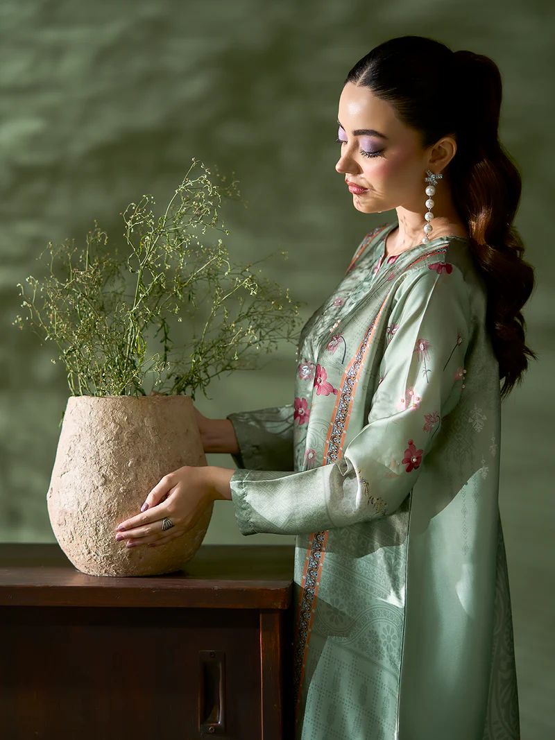 Sakeena SK9 Mint Printed Silk Kaftan with Trousers – Ready to Wear 2pc Suit