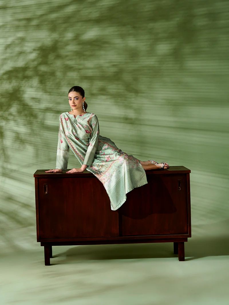 Sakeena SK9 Mint Printed Silk Kaftan with Trousers – Ready to Wear 2pc Suit