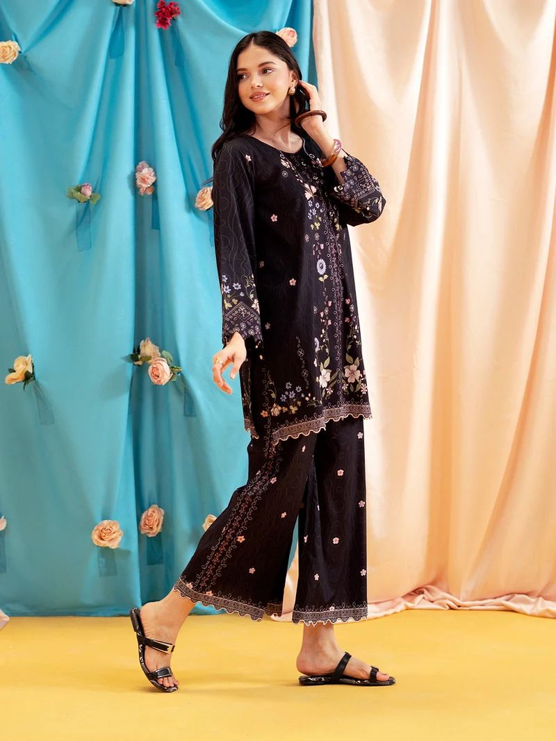 Aabpara 2pc Black Floral Pure Lawn Suit – ROZ1