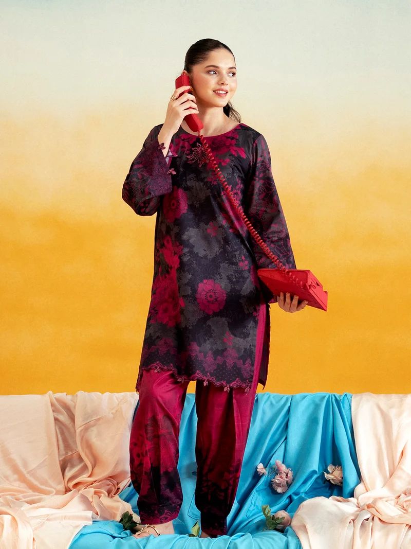 Aabpara 2pc Black & Magenta Pure Lawn Suit with Box Pleat Shalwar – ROZ2