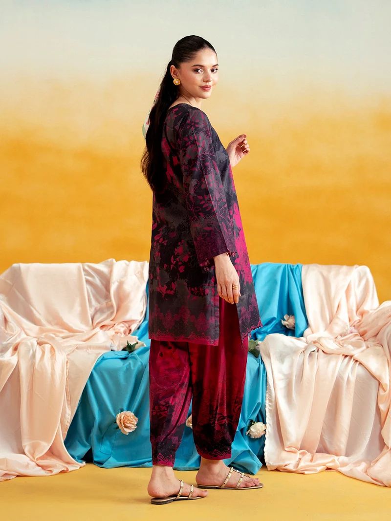 Aabpara 2pc Black & Magenta Pure Lawn Suit with Box Pleat Shalwar – ROZ2