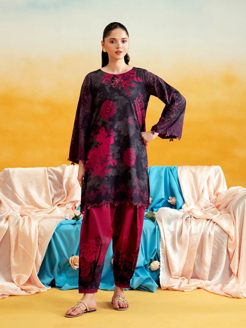 Aabpara 2pc Black & Magenta Pure Lawn Suit with Box Pleat Shalwar – ROZ2