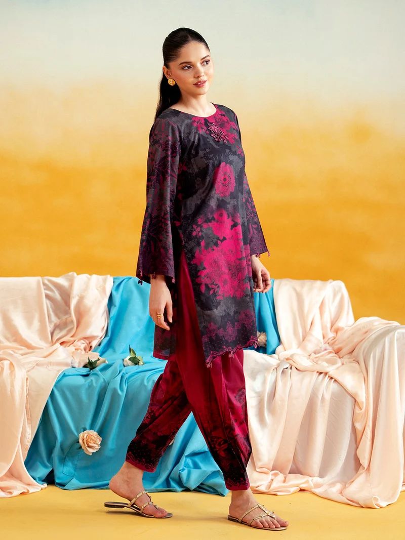 Aabpara 2pc Black & Magenta Pure Lawn Suit with Box Pleat Shalwar – ROZ2