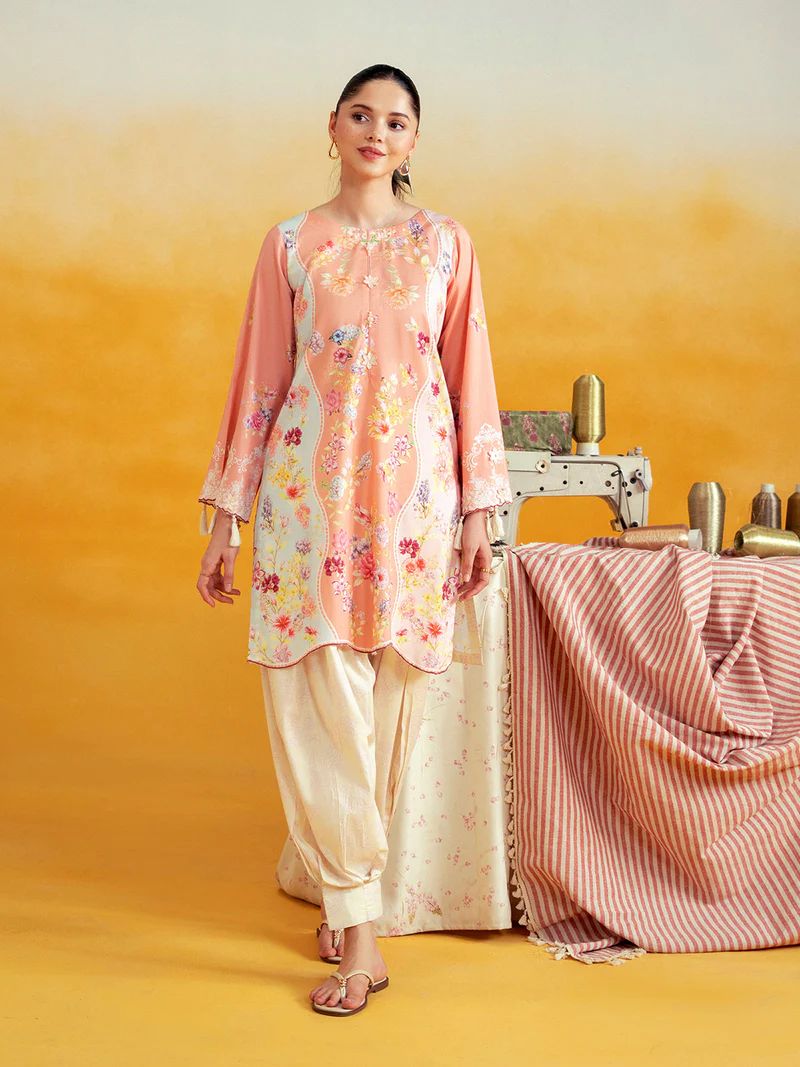 Aabpara 2pc Peach Floral Pure Lawn Suit with Box Pleat Shalwar – ROZ5