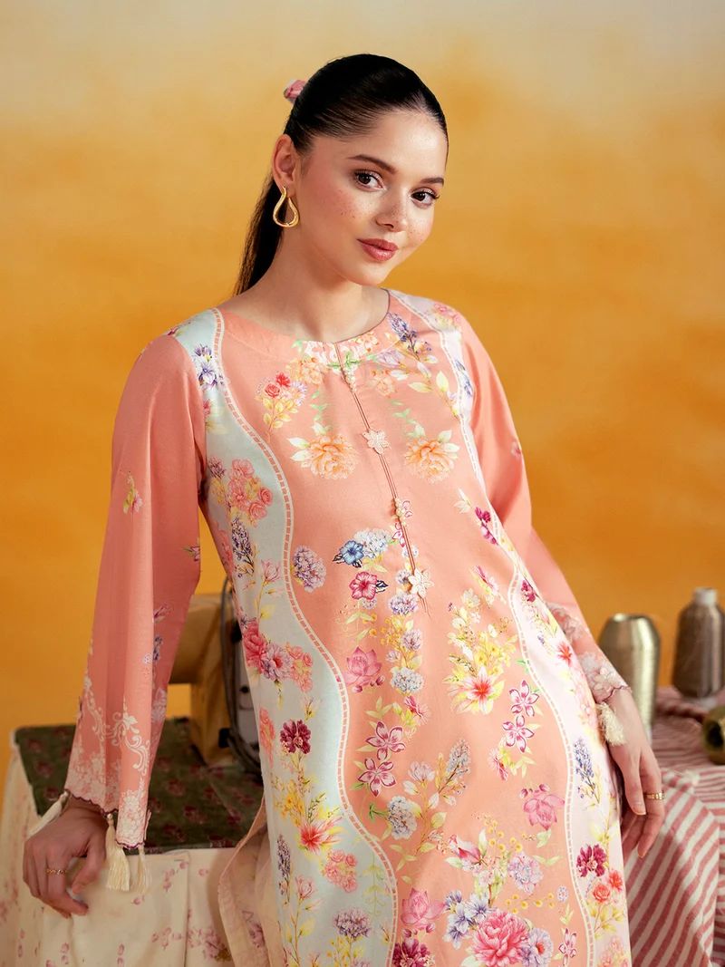 Aabpara 2pc Peach Floral Pure Lawn Suit with Box Pleat Shalwar – ROZ5